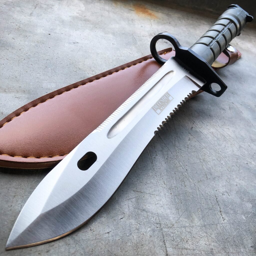 A combat knife with cover.